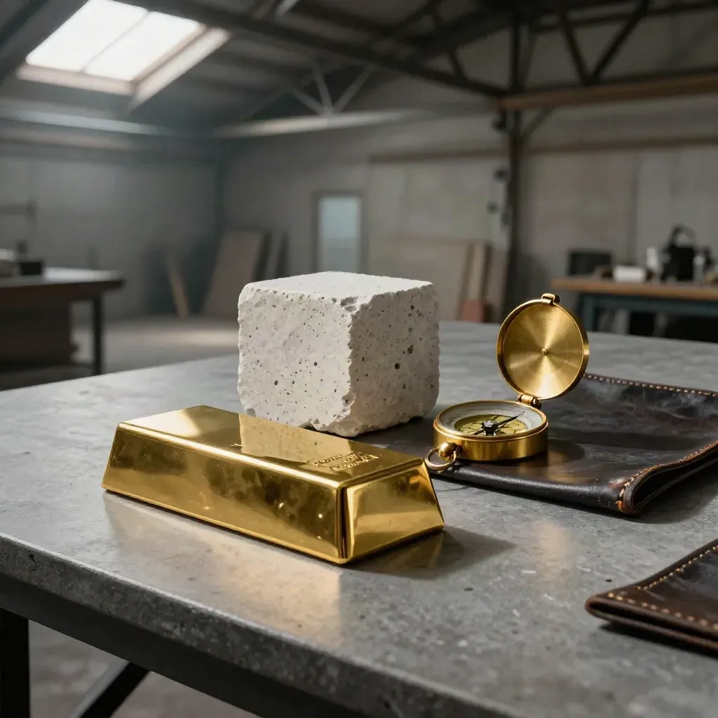 Gold bar, stone cube, brass compass and leather tray in a loft warehouse with skylight shadows.