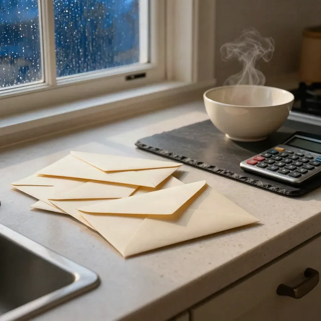 Rainy kitchen island with envelopes, calculator, tray and bowl in warm evening light.
