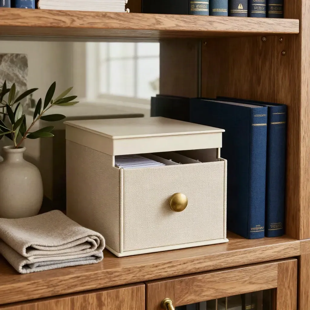 Cream archive box on an oak shelf with wool cloth, olive branch, and dark blue folders