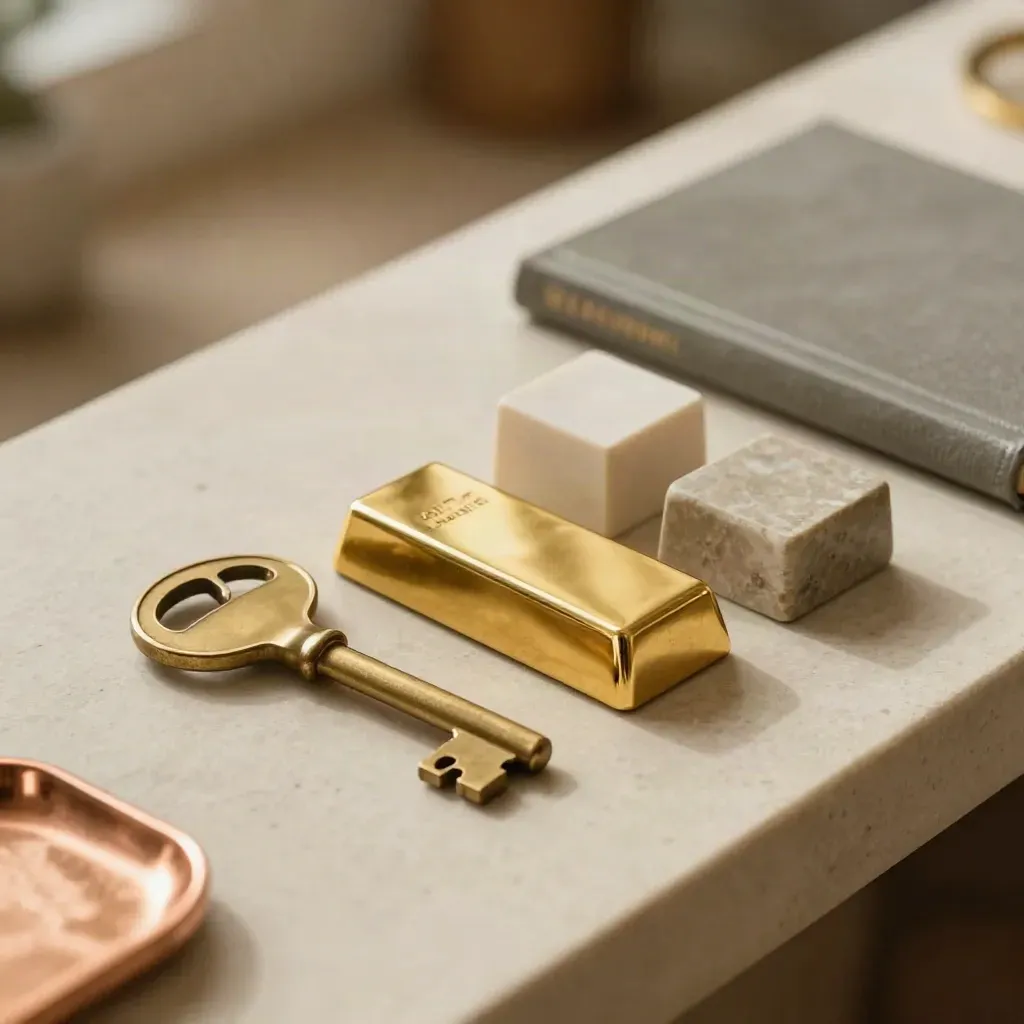 Brass key, gold bar, stone cube and sealed folio lined up on pale limestone in warm daylight.