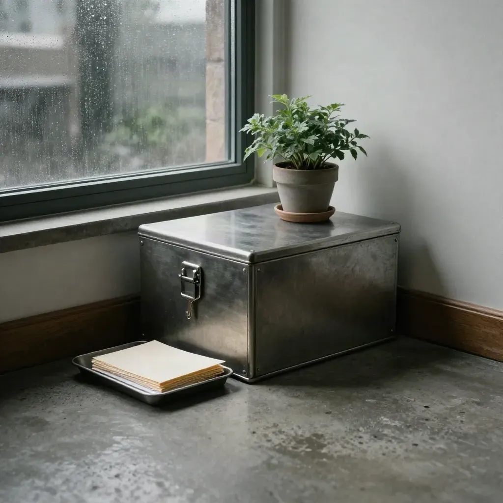 Steel cash box, ledger tray and spare envelopes in a storm-lit office corner with a small plant.