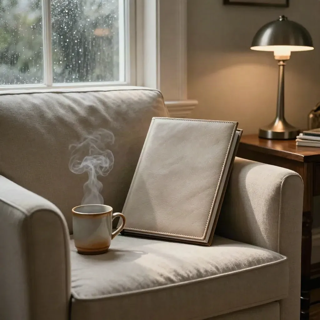 Armchair, closed pension folio, steaming mug and lamp by a rain-glow window at dusk