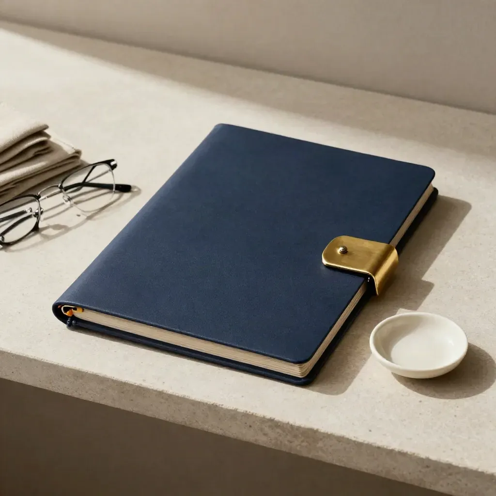 Navy pension folder with brass clasp, glasses, linen and ceramic dish on pale stone.