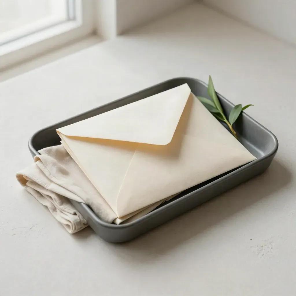 Top-down still life of a tax-year envelope bundle in a graphite tray with cloth and green stem.
